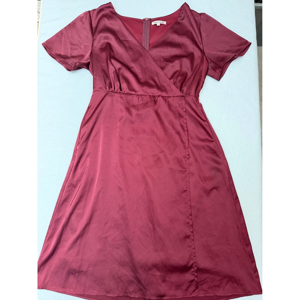 JessaKae Burgundy Satin Wrap Midi Dress Short Sleeve Wine PSD1917-J Small